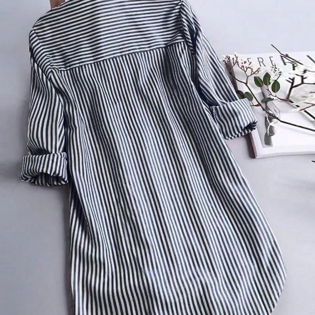 Spring & Summer Women's Striped Long Sleeve Shirt, Casual Versatile Commute Medium-Length Blouse with Buttons, Fashionable Daily Wear Top, Button Front Top