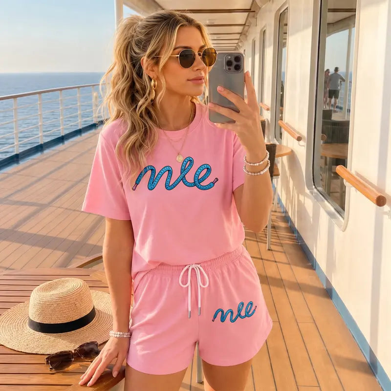 Women’s Minimalist 2-Piece Logo Graphic Print Shortsleeve Set - Breathable Loose Crew Neck Top, Elastic Waist Drawstring Shorts for Casual Summer Daily Wear, Vacation