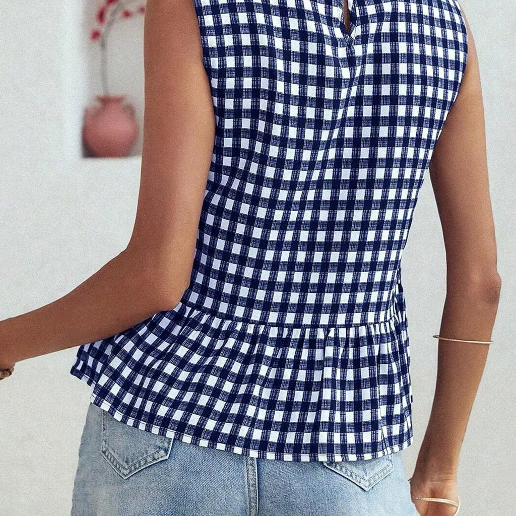 Women's Casual Aesthetic Green Plaid Print Sleeveless Top, Summer Tops Trendy Commute and Vacation Essential, Ruffled Hem Design, Perfect for Everyday Wear