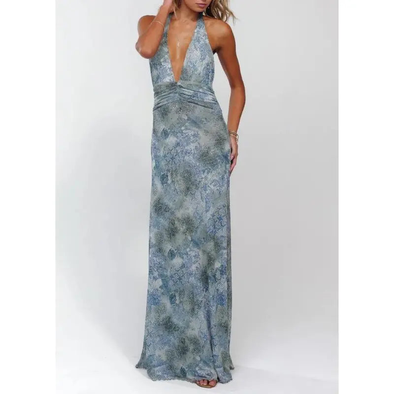 Women Long Dress, Sleeveless Halter Dress Backless Flower/Dots Print Summer Cocktail Dress Womenswear Feminine Formal Light