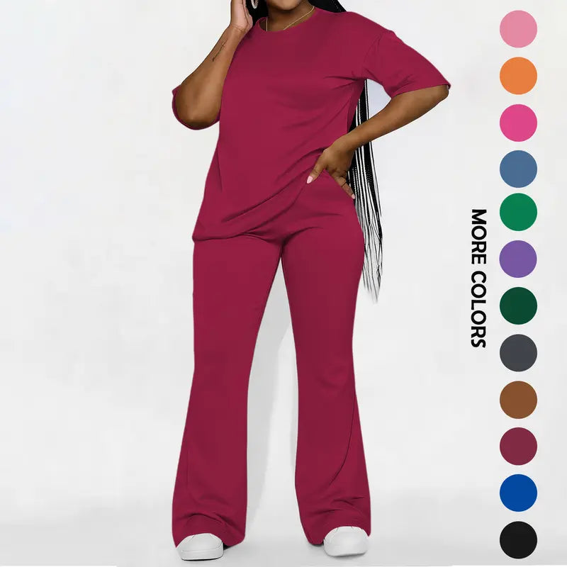 Women's Solid Drop Shoulder 2-Piece Set - Half Sleeve Crewneck (Round Neck) Fitted Minimalist Tee & Pants, Casual Cozy Womenswear for Daily Outdoor Fall Wear, Casual Women's Set Suits Basic Shortsleeve Clothes, Matching Sets, Stylish Women's Wear