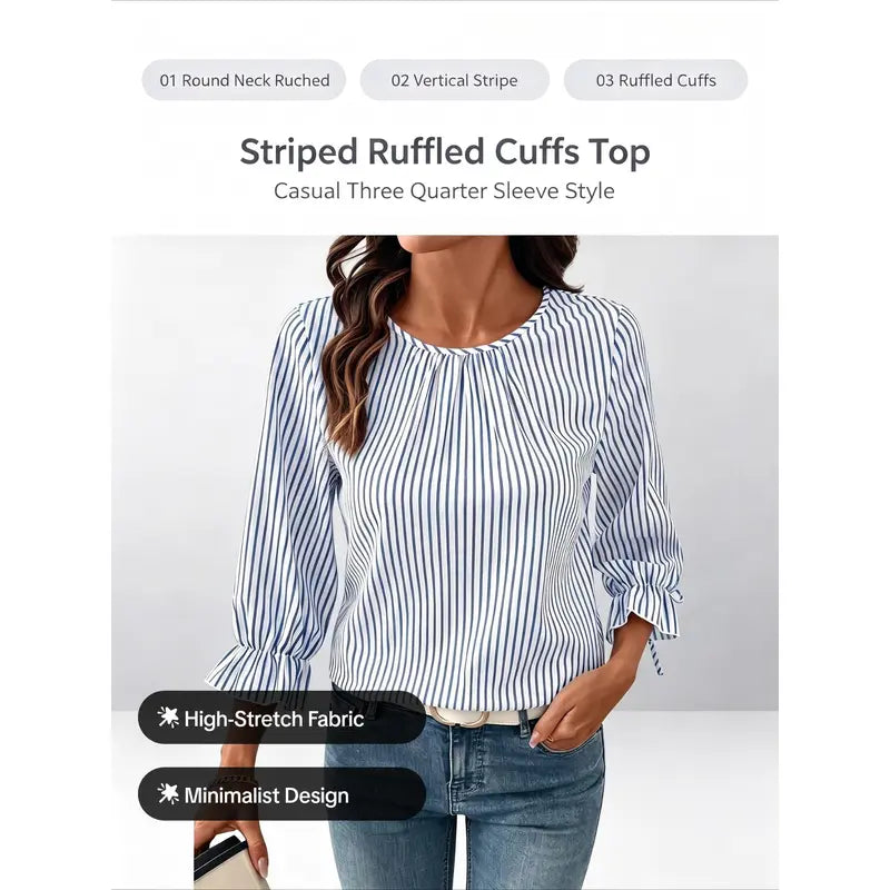 Shewin Women's Striped Pullover Blouse - Lady's Scoop Neck Top with 3/4 Tie Flare Sleeves, Back Buttons, Long Sleeve Option, for Daily OOTD Ideas | Women's Tops and Blouses, Shirts