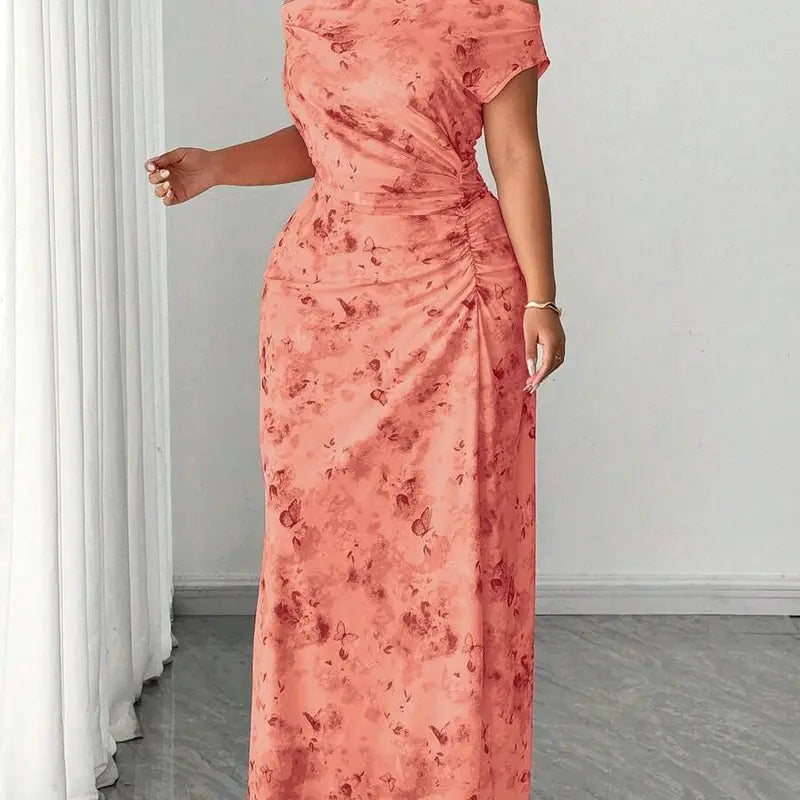 ZENIE Plus Size Elegant Date Night Off Shoulder Cinched Waist Floral A Line Maxi Dress Party Outfit
