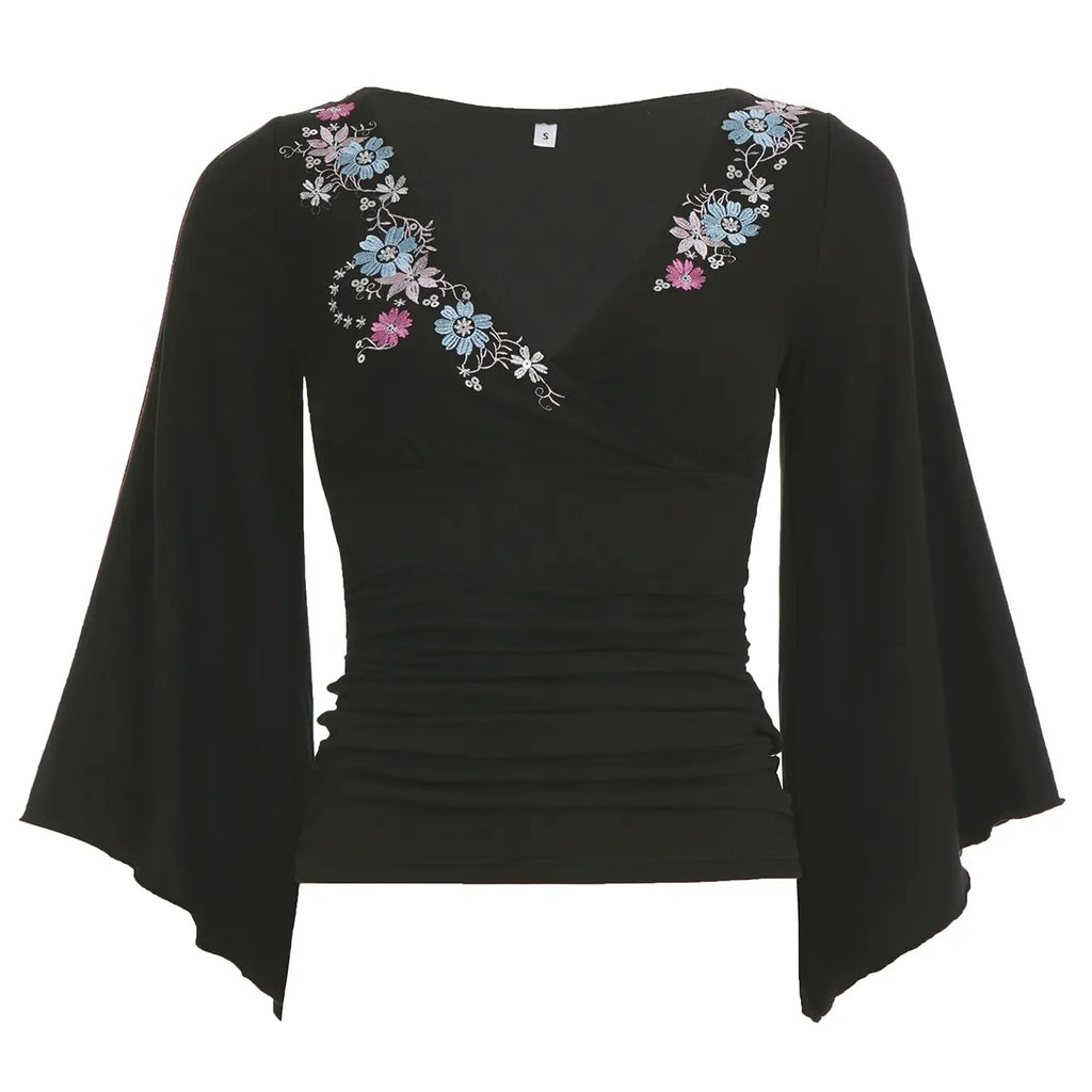 Y2K Embroidered Floral Seven-Quarter Sleeve T-Shirt for Women, Summer Casual Batwing Sleeve Waist-Tight Top, Preppy Style Loose-Fitting Tee, Embroidery