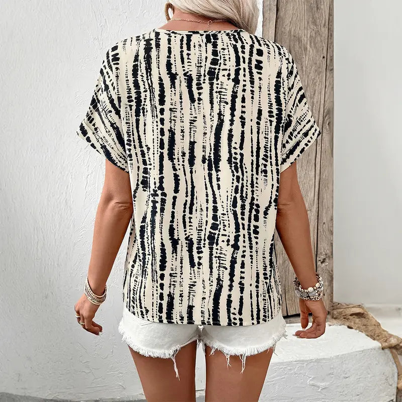 Shewin Women's Summer Abstract Graphic Woven Top, Split Notch V-Neck, Rolled Cuff Short Sleeve, Loose Fit Casual Pullover Blouse
