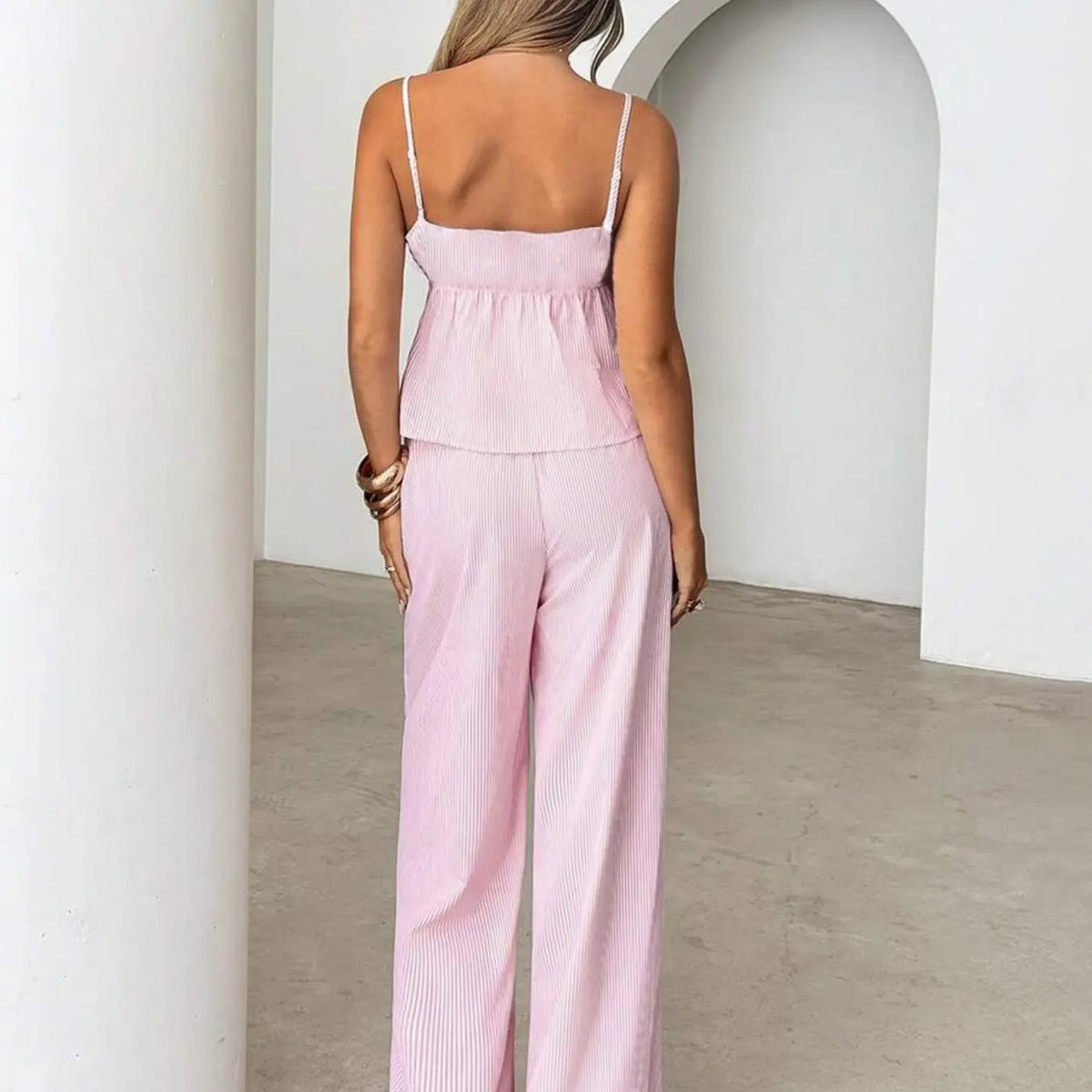 Women’s Summer Tank Top and Wide-Leg, Striped Casual Two-Piece Outfit for Campus, Home and Everyday Wear Casual Chic Set
