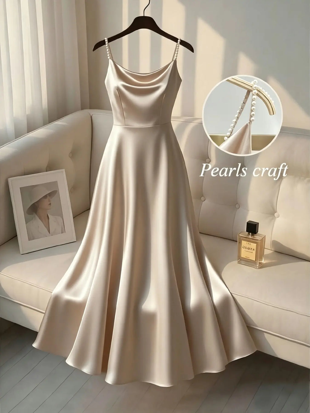 Elegant Satin Dress for Women, Handmade Beaded Strapless Formal Evening Gown, Waist Cinched Design, Pure Color Luxury Fashion
