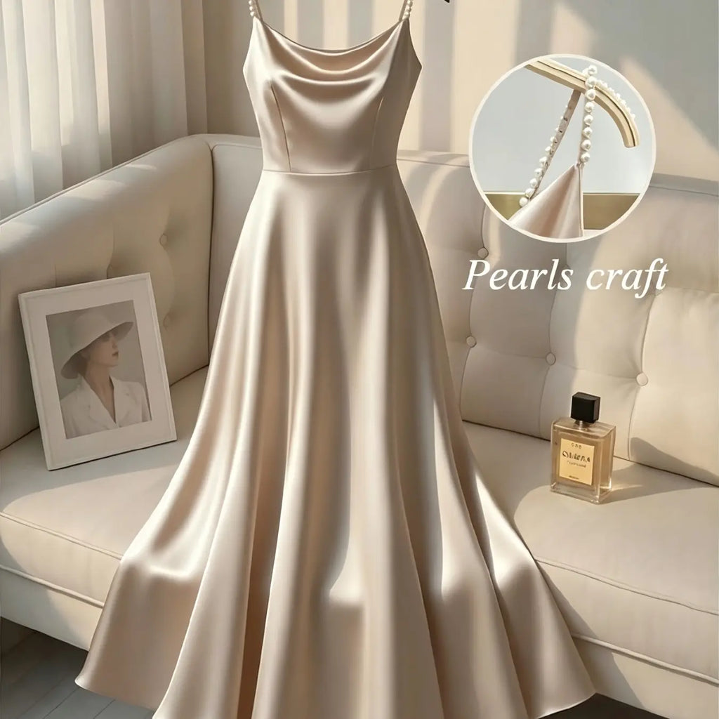 Elegant Satin Dress for Women, Handmade Beaded Strapless Formal Evening Gown, Waist Cinched Design, Pure Color Luxury Fashion