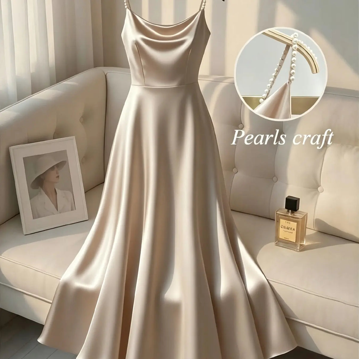 Elegant Satin Dress for Women, Handmade Beaded Strapless Formal Evening Gown, Waist Cinched Design, Pure Color Luxury Fashion