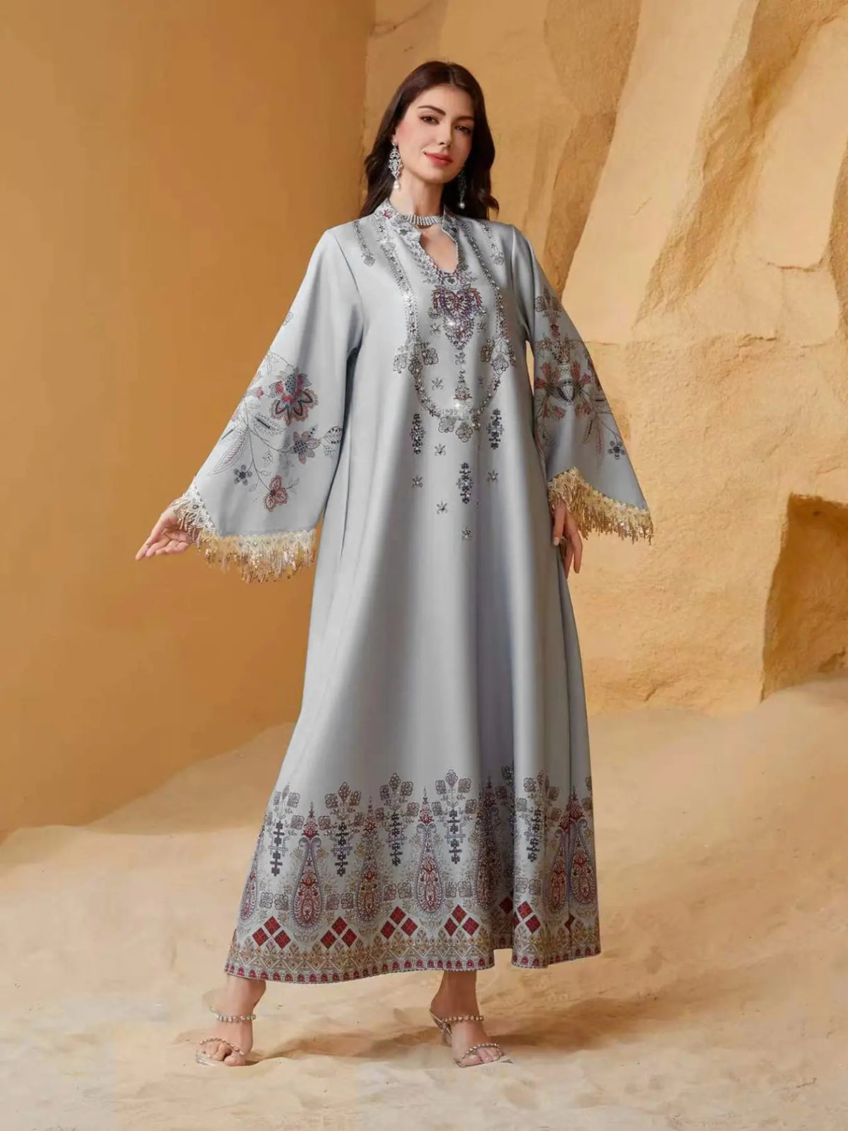 Women's Elegant Long Dress, Chic Elegant Formal, Loose Fit Ethnic Print, Long Sleeve, Lace-Up Design, All-Season Wear, Perfect for Evening Occasions & Special Events, Dresses for Party