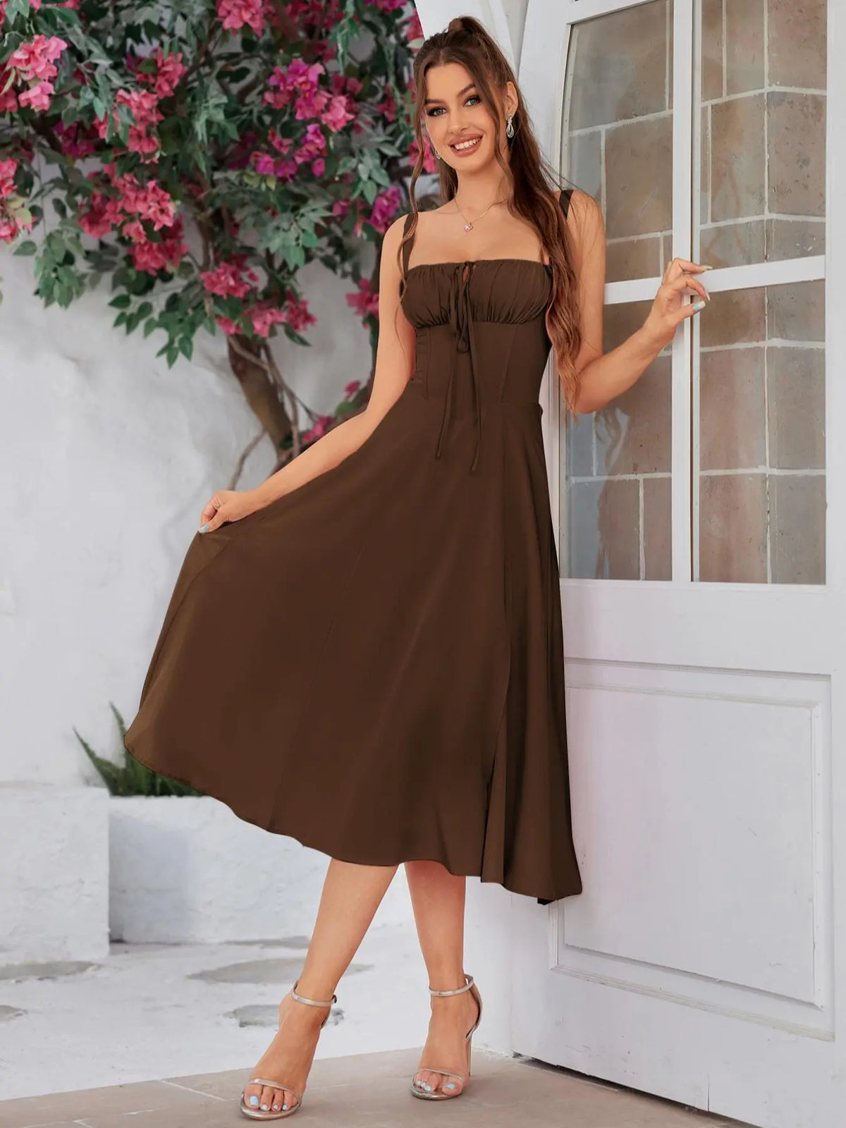 Parthea Women's Plain Ruched Boning Corset Milkmaid Dress, Lace Up Dress, Party Dress, Fit, Tie Front Dress, Aesthetic Square Neck Midi Dress, Dresses for Women, Frenchy Style Non Bodycon Dress Christmas, Formal Dresses, Adjustable Straps, Formal Wear