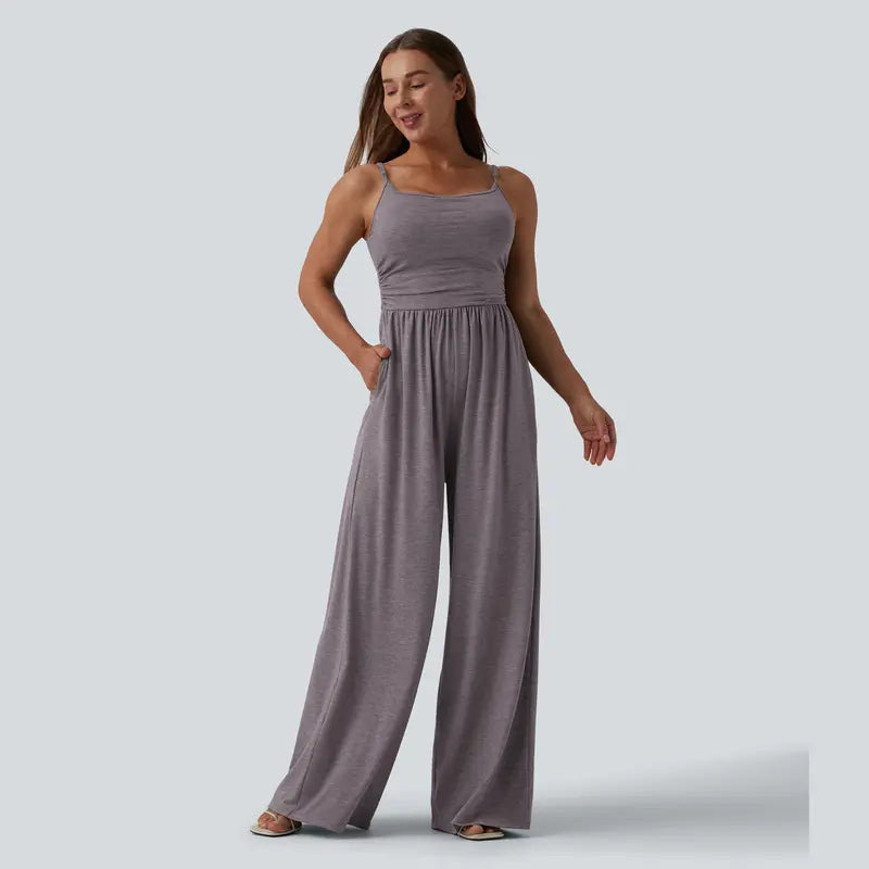 Halara Adjustable Straps Ruched Wide Leg Heathered Casual Jumpsuit with Pockets-Easy Peezy