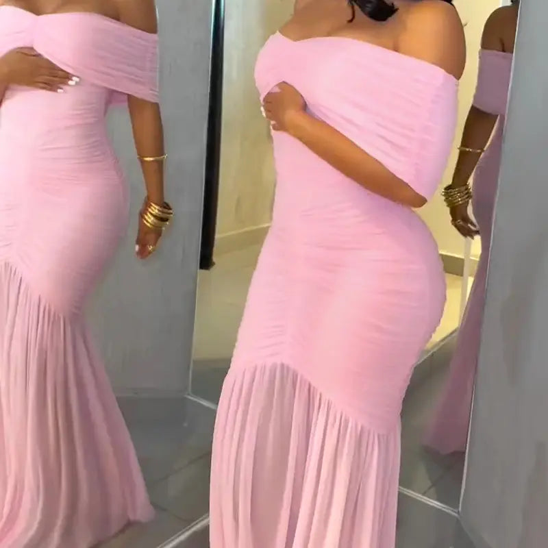 CHICME Women's Off-Shoulder Foldover Ruched Cinched Waist Minimalist Slim-Fit Mermaid Hem Evening Gown - Bump-Friendly Party & Wedding Guest Dress