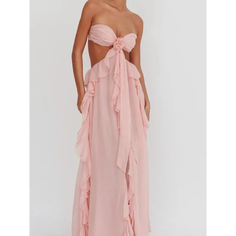 Women's Strapless Ruffle Maxi Dress, 3D Floral Cutout Waist Chiffon Gown with High Slit, Elegant Flowy Formal Dress for Wedding & Party