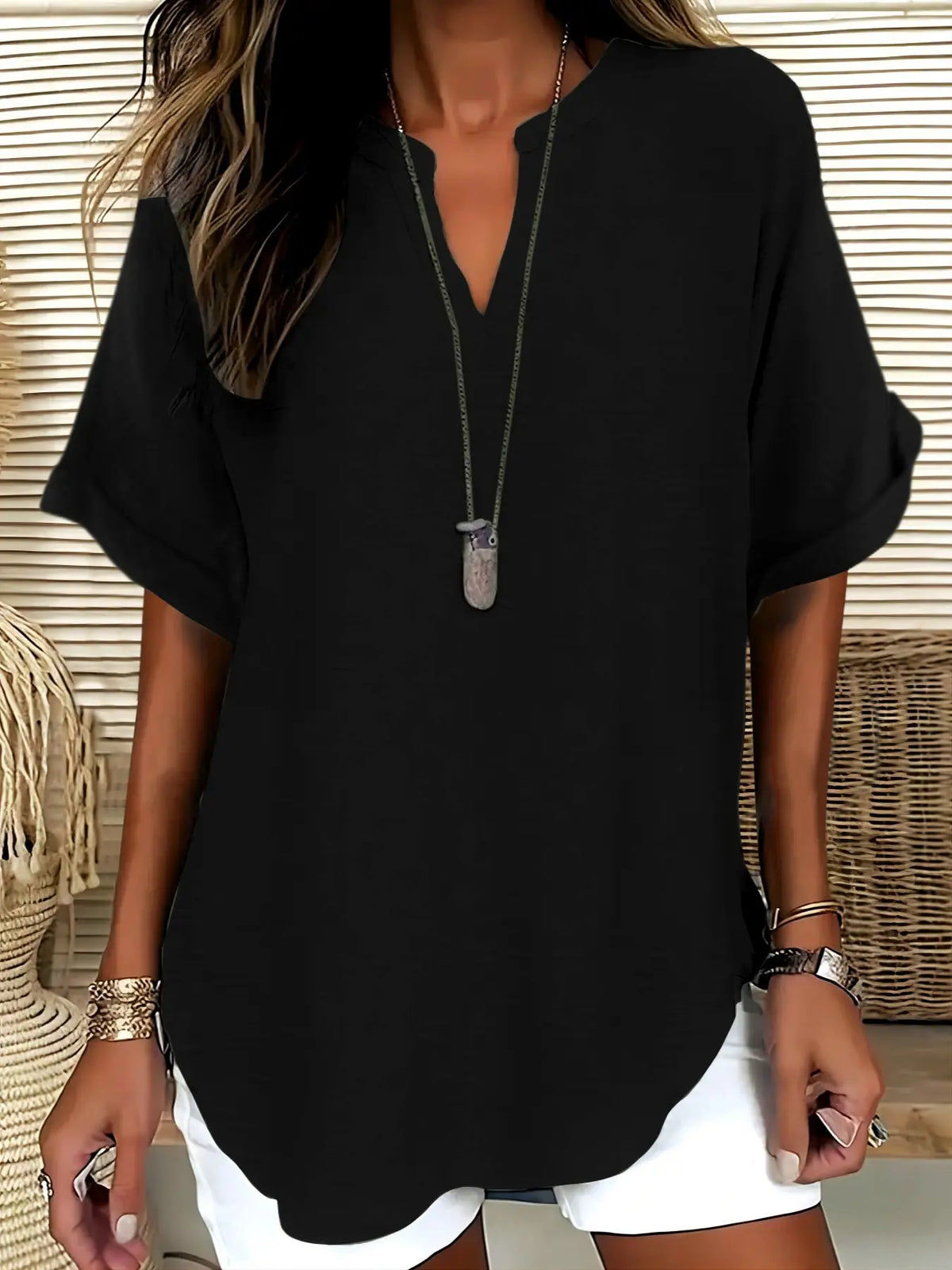Women's Simple Basic Vintage Elegance Solid V-Neck Short Sleeve Batwing Shirt Blouses, Casual Loose-Fitting Lightweight Pullover, 100% Polyester, All Seasons Fashion Top Minimalist, Casual Daily Tops