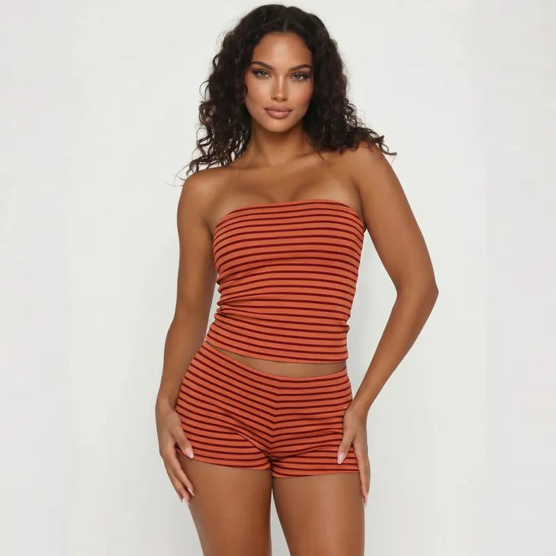 Katch Me Chic(US/CN)Women's Casual Color Matching Stripe Slim Tube Top & Low-Rise Wide Leg Trousers Co-ord, Lightweight Wrinkle-Resistant Spring & Summer Outfits, Skin-Friendly Two Piece Sets #TikTokMadeMeBuyIt #TwoPieceSet #SummerEssentials Cropped Soft