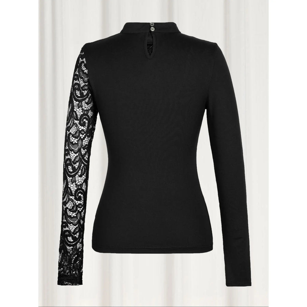 Women's Plain Cut Out Lace Patchwork Mock Neck Tee, Casual Chic Fit Long Sleeve Top for Daily Wear, Ladies Clothes for All Seasons, Casual Daily Tops