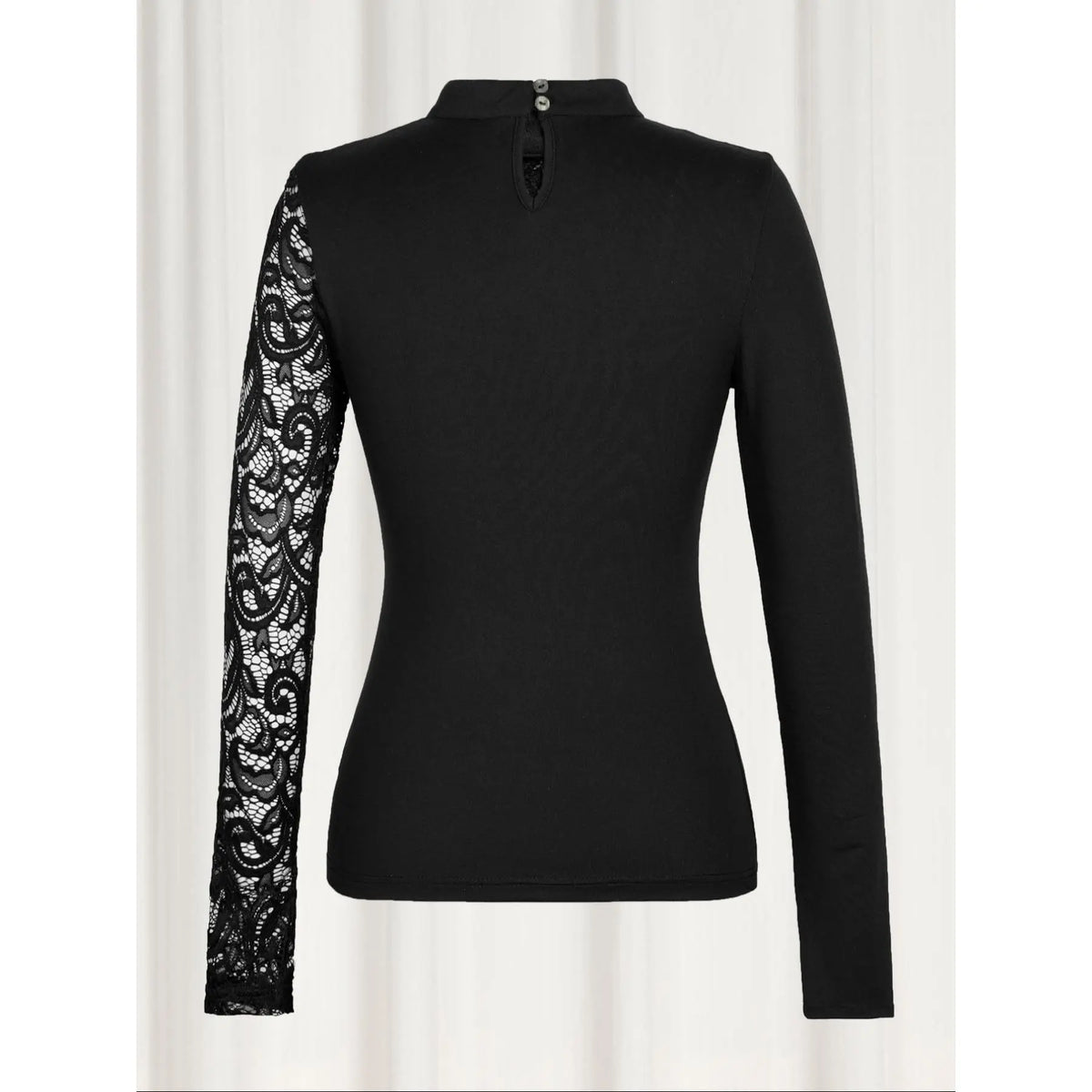 Women's Plain Cut Out Lace Patchwork Mock Neck Tee, Casual Chic Fit Long Sleeve Top for Daily Wear, Ladies Clothes for All Seasons, Casual Daily Tops