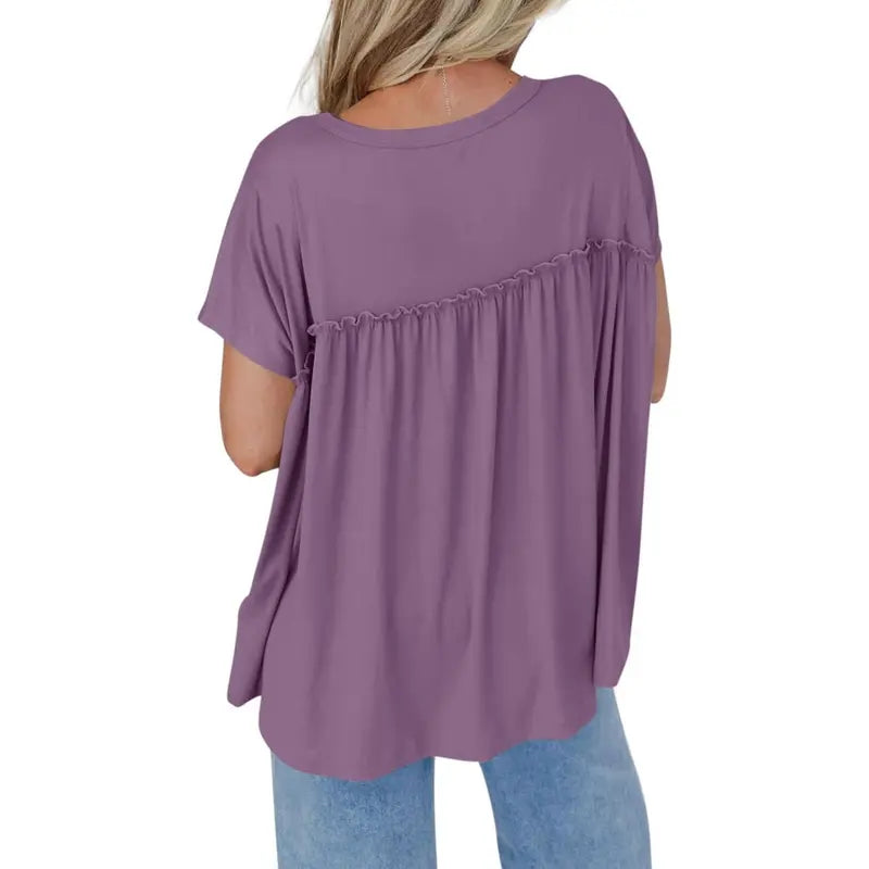 Imily Bela Womens Summer Babydoll Tunic Tops Pleated Short Sleeve Crew Neck Peplum T Shirts Casual Loose Fit Outfits Womenswear Blouse church outfit Breathable Chic