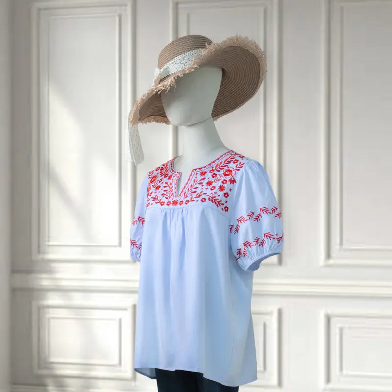 Women's SageVell Trending Boho Striped Blue-Khaki Blouse - Lady's Chic V-Neck Puff Sleeve Top with Delicate Red Floral Embroidery, Soft Fabric, Boho Clothes (Medium)