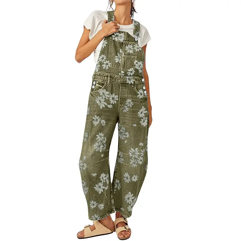 UTCOCO Women's Printed Floral Patchwork Vintage Denim Overalls - Baggy Barrel Leg, Boyfriend Style, Zipper Detail, Party-Ready Wide Leg Outwear Piece