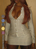 Two-piece Set Women's Fashion Sets Elegant Simple Striped Long Sleeve Lapel Button Sexy Fitted Bodycon Short Skirt Set, Spring & Fall, High Waist Blouse