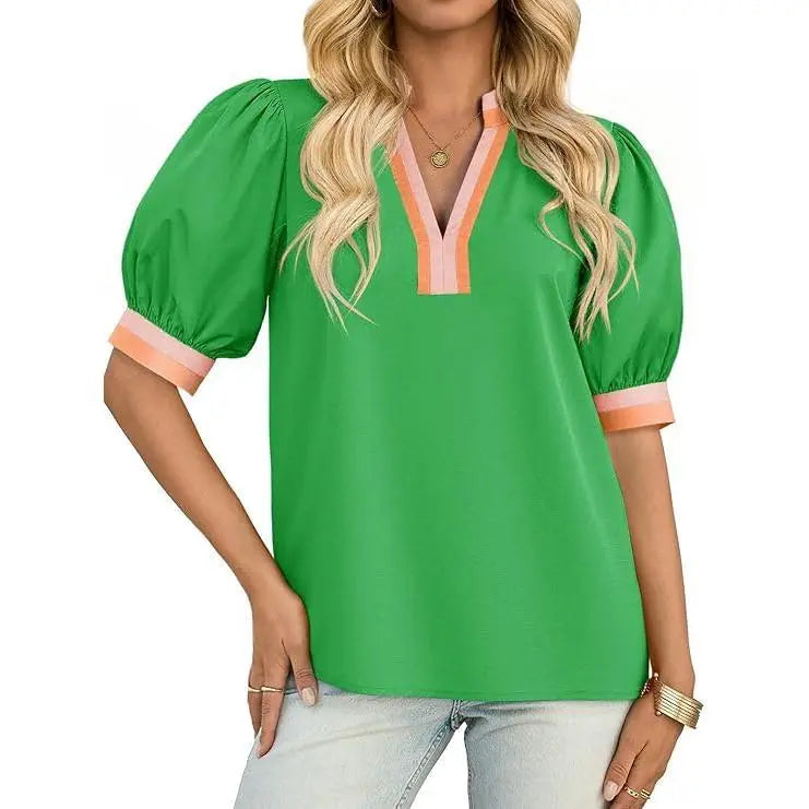 TANKANEO Women's Elegant Chic V-Neck Puff Sleeve Polyester Blouse - Dressy Tops for Coffee, Party, Summer, Loose Fit with Floral or Leopard Prints, Blouses for Women