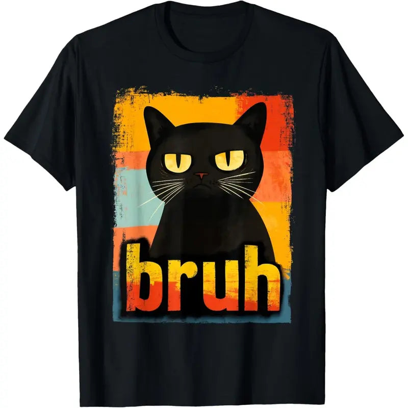 Funny Cat Bruh Meme Graphic T-Shirt for Men & Women, Breathable Soft Cotton Tee with a Fitted Crew Neck Cut, Short Sleeve Tops, Fitted Cut, Garment, Casual T Shirt, Unisex, Classic Casual Streetwear Clothes Loose, Tshirt