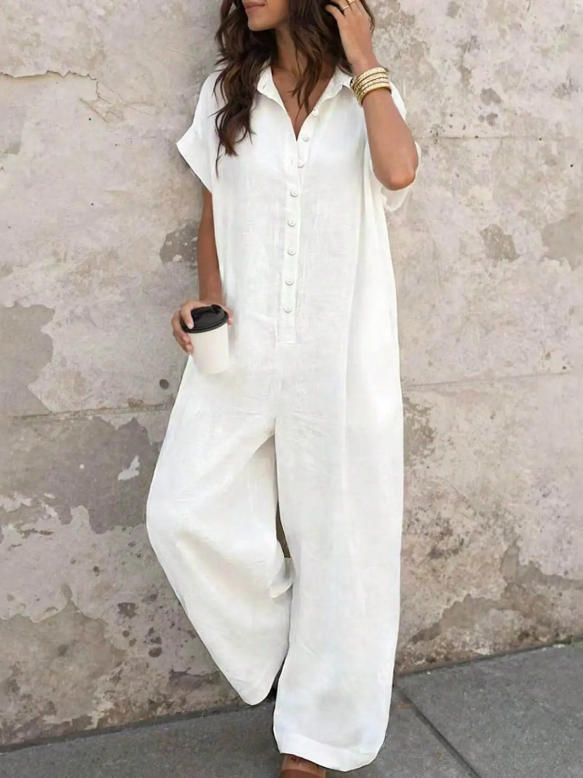 Women's Casual Minimalist Loose-Fitting Jumpsuit, Summer Short Sleeve Collared Print Jumpsuit, Wide Leg Long Pants with Button Closure