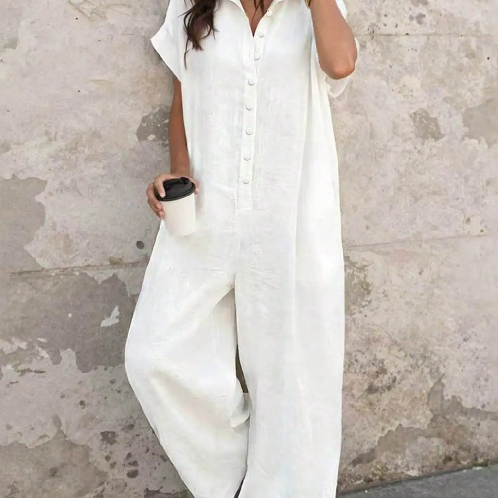 Women's Casual Minimalist Loose-Fitting Jumpsuit, Summer Short Sleeve Collared Print Jumpsuit, Wide Leg Long Pants with Button Closure