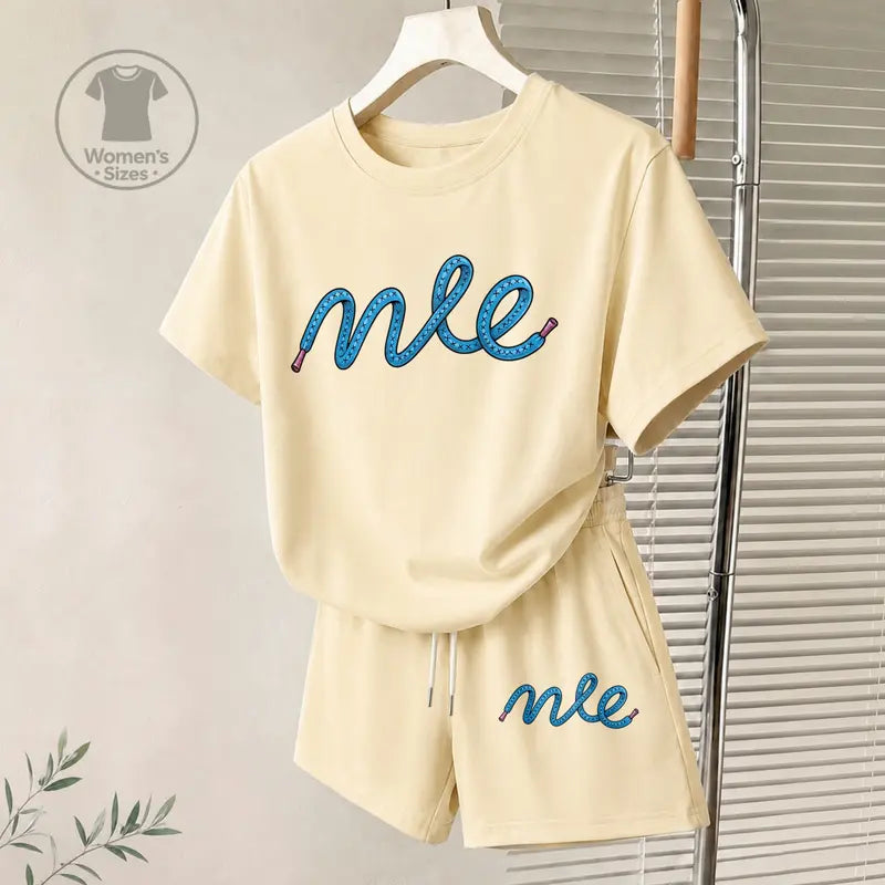 Women’s Minimalist 2-Piece Logo Graphic Print Shortsleeve Set - Breathable Loose Crew Neck Top, Elastic Waist Drawstring Shorts for Casual Summer Daily Wear, Vacation