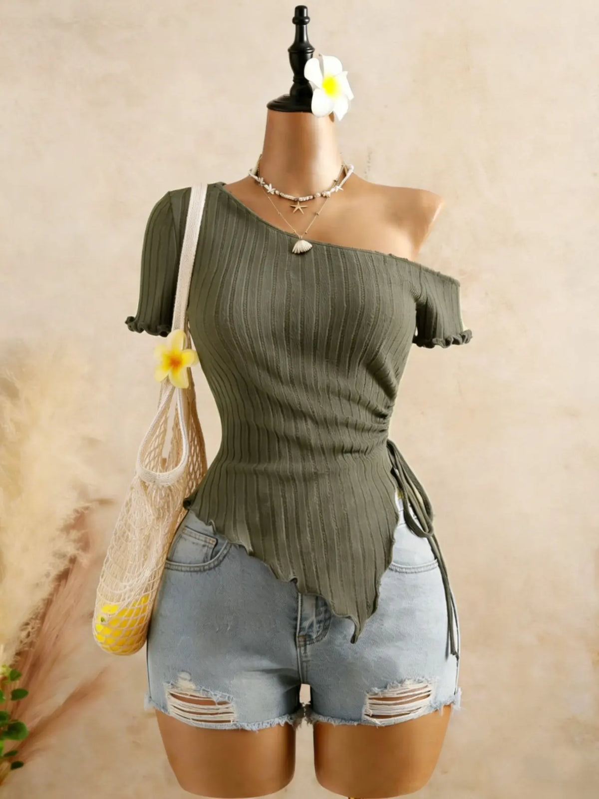 Fashion Asymmetrical Shoulder Top for Women, Womenswear Knitted Ribbed Hem Short Sleeve T-Shirt with Adjustable Side Tie, Stylish Casual Wear, Lady