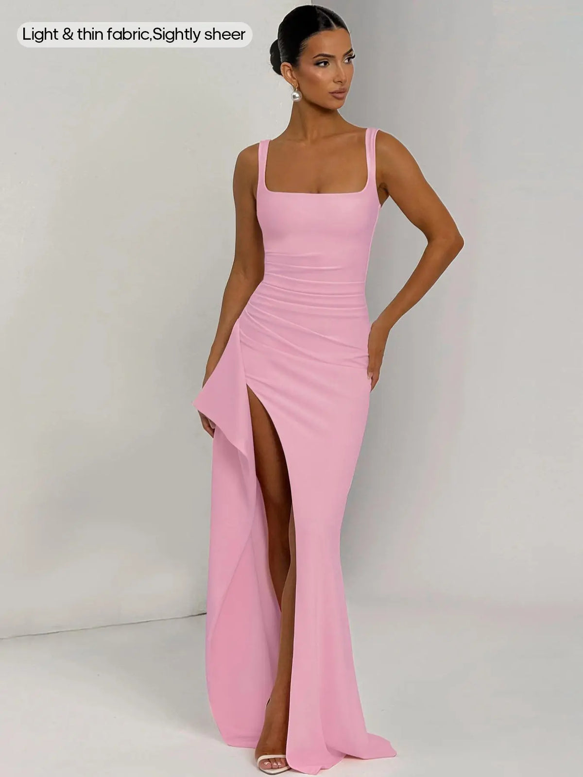 Women's Solid Color Pleated Ruched Side High Slit Sleeveless Knit Fabric Bodycon Fit Dress, Sexy Backless Square Neck Formal Dress, Evening Gown for Parties, Clubs and Dates, Elegant Classy Long Dress for All-Season Daily Wear, Evening Glam Gown