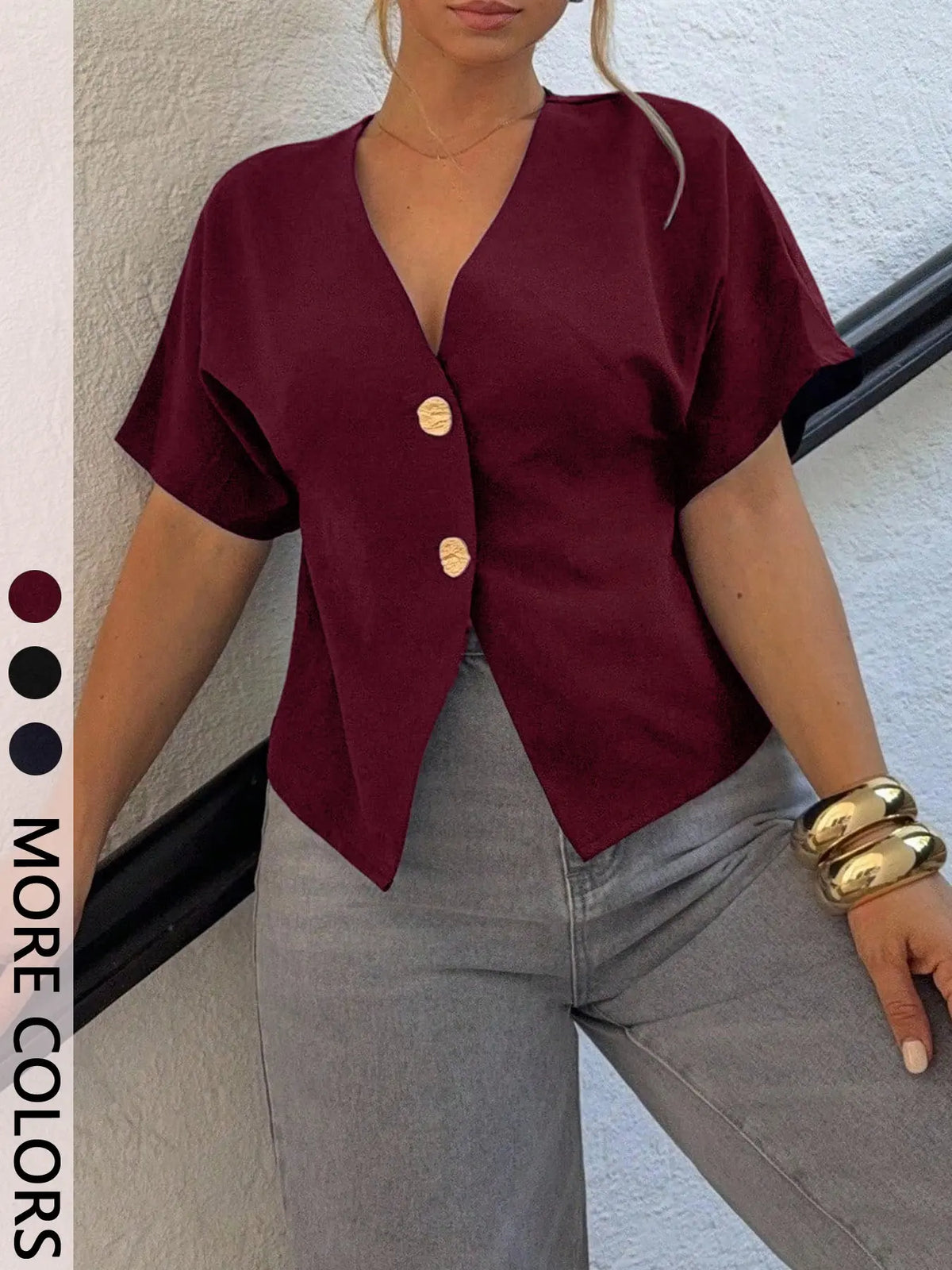Women's Fitted V Neck Blouse Short Dolman Sleeves Asymmetric Hem Decorative Button Detail Cropped Silhouette Trendy Minimalist Aesthetic Style Perfect for Office Date Night Shirts Ara Top