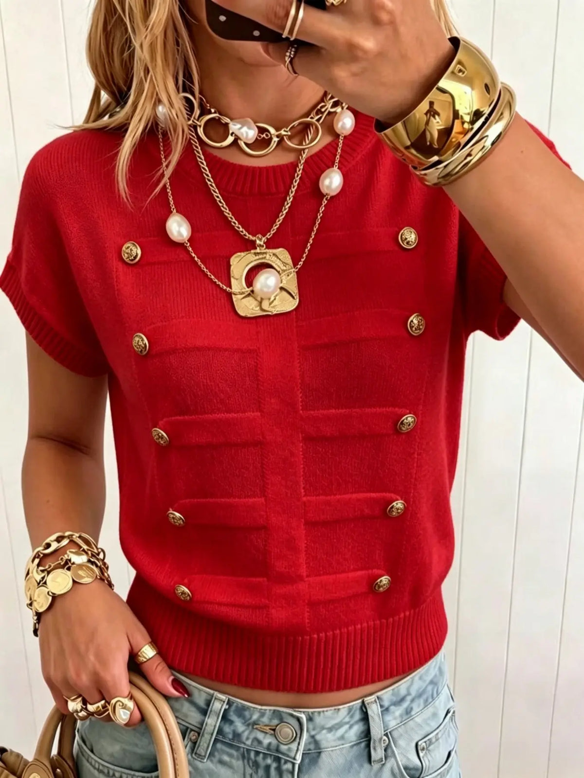 Elegant Loose-Fitting Plain Round Neck Metal Button Short Sleeve Pullover Loose Tops for Daily and Everyday Wear