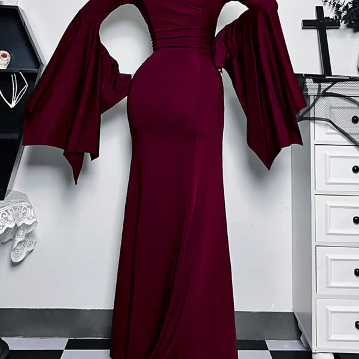 Women's Solid Color Ruched Mermaid Maxi Bodycon Fitted Dress, Chic Elegant Formal Sweetheart Neck Batwing Long Sleeve Evening Party Gown, Fall & Winter Clothes, Womenswear