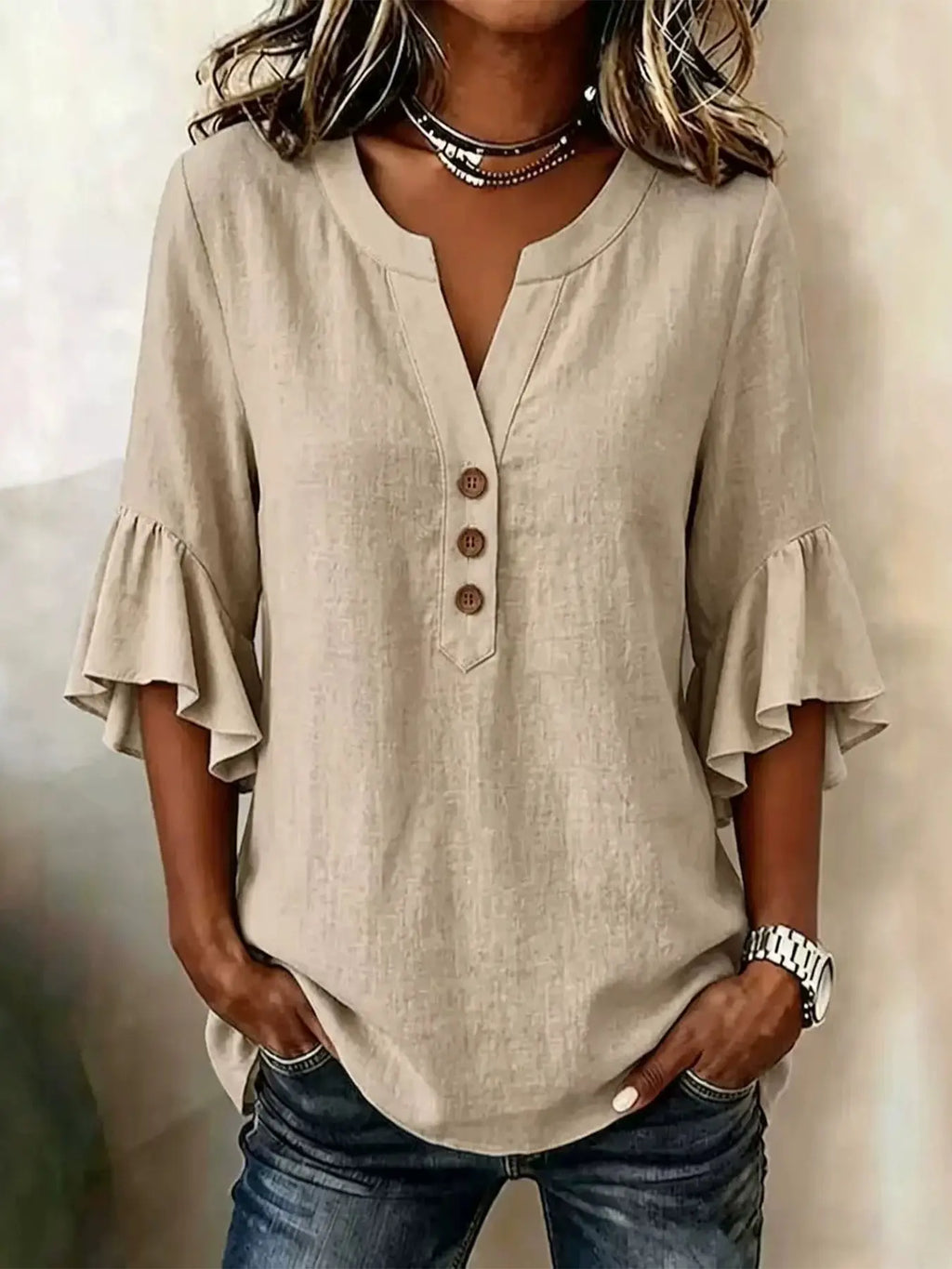 Women's V-Neck Solid Color Button Front Casual Loose Ruffle Sleeve T-Shirt, Fashionable Leisure Top, Stylish and Comfortable, Ruffled, Everyday