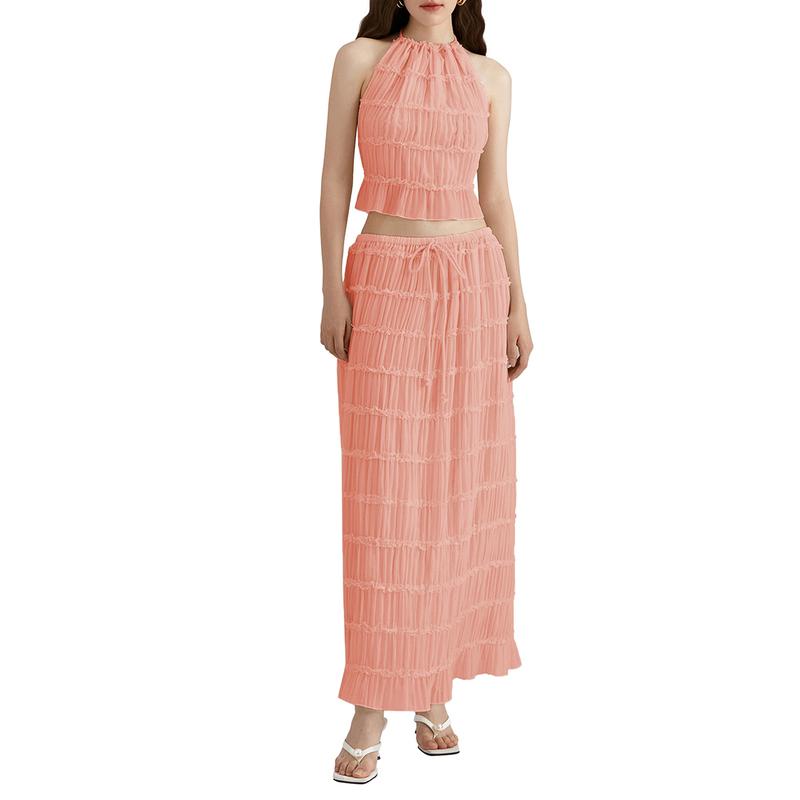 Women’s Two Piece Summer Outfits Sleeveless Ruched Halter Cami Tops and Long Skirt Set Beachwear