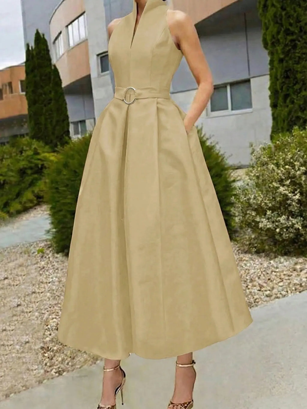 Elegant Chic Women's Party Dress Formal Wear, Solid Tie-Waist A-Line Skirt, Spring Summer New, Sleeveless V-Neck Commuter Dress for Urban Style, Elegant Minimalist Dress