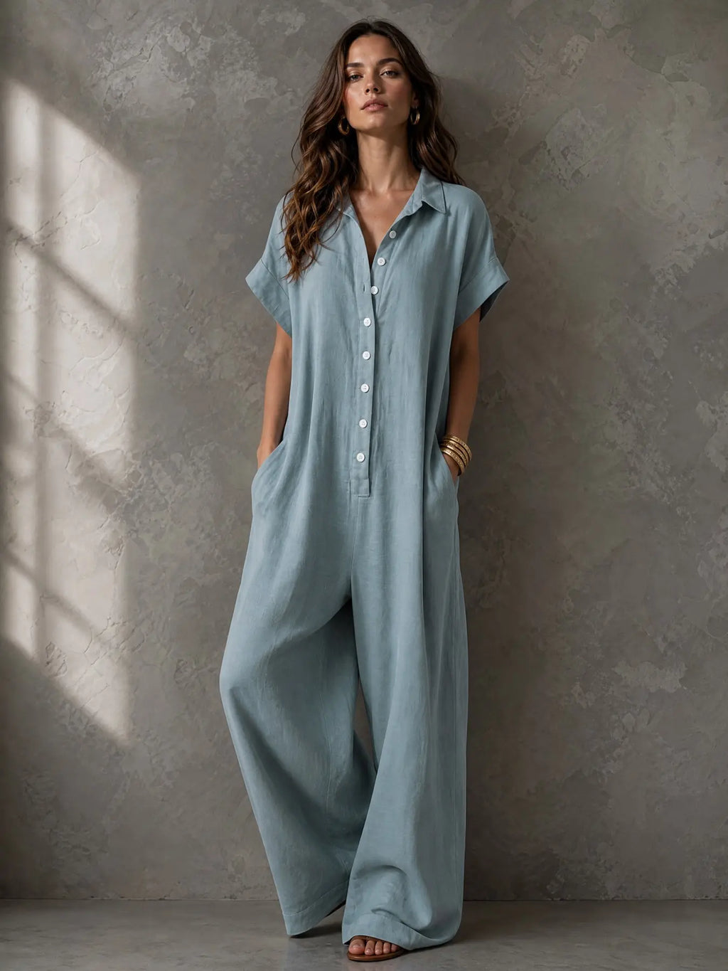 Women's Casual Minimalist Loose-Fitting Jumpsuit, Summer Short Sleeve Collared Print Jumpsuit, Wide Leg Long Pants with Button Closure