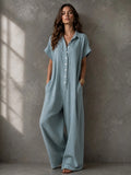 Women's Casual Minimalist Loose-Fitting Jumpsuit, Summer Short Sleeve Collared Print Jumpsuit, Wide Leg Long Pants with Button Closure