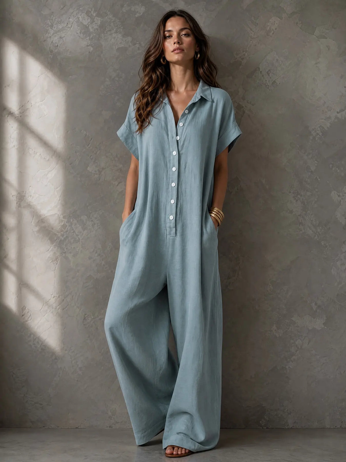 Women's Casual Minimalist Loose-Fitting Jumpsuit, Summer Short Sleeve Collared Print Jumpsuit, Wide Leg Long Pants with Button Closure