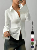 Women's Slim-Fit Button-Down Long-Sleeved Casual Shirt Blouse Top, Basic, Suitable for Daily Commuting, Button Down Blouses