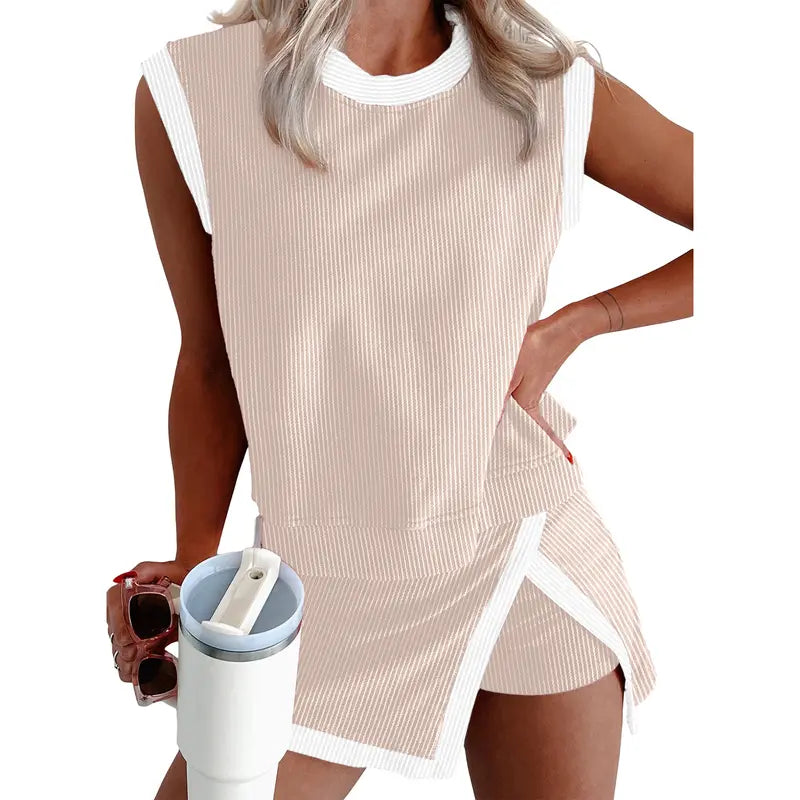 EVALESS Women's 2-Piece Sets Casual Crewneck Ribbed Sleeveless Knit Top & Split Lined Skirt Two Pieces Soft Matching Set Basic Summer Outfits 2026 WOmenswear SummerVibes  Deals For You Days summer outfits High Waisted Style Clothes Elastic Athletic Suits