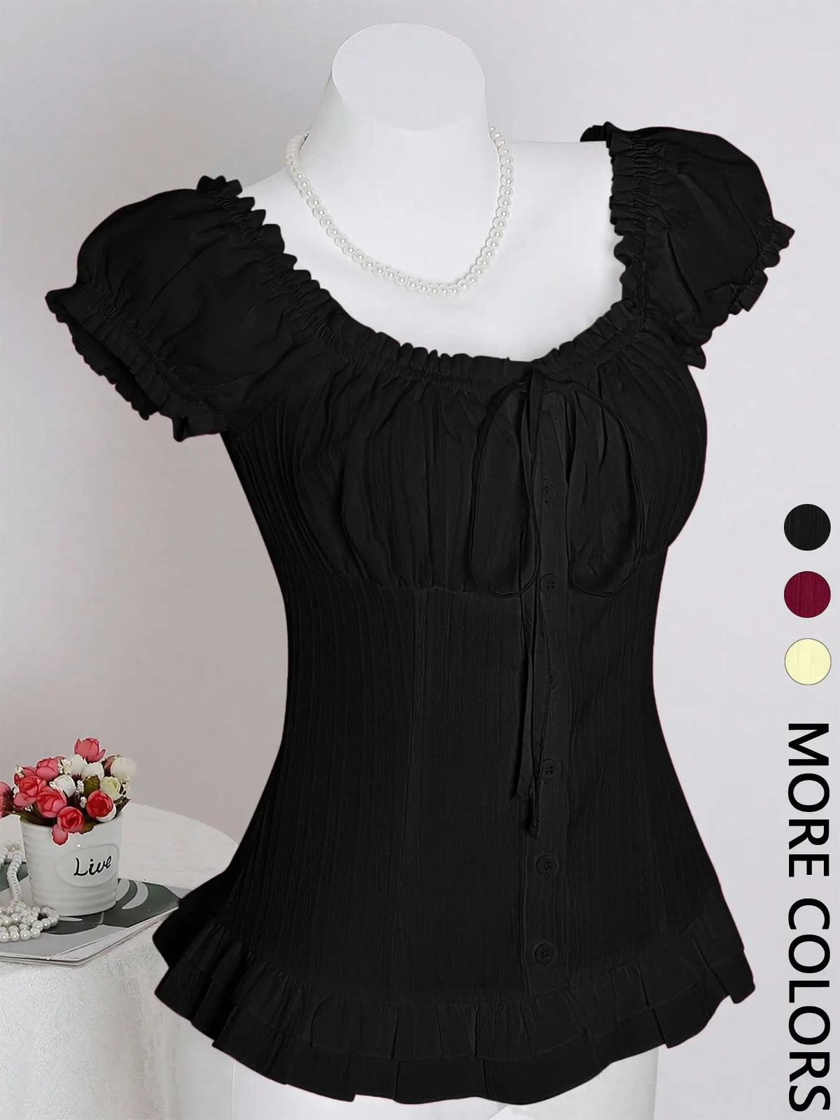 Women's Square Neck Puff Sleeve Button Front Blouse, Ruched Detail Ruffle Hem Slim Fit, Elegant Casual Daily Work Wear