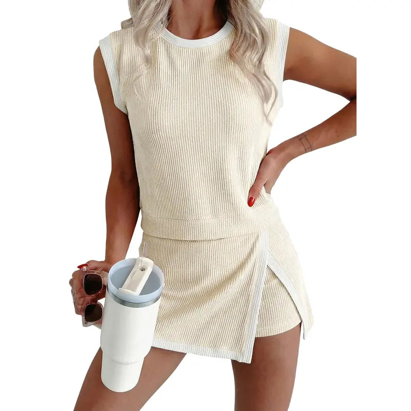 EVALESS Women's 2-Piece Sets Casual Crewneck Ribbed Sleeveless Knit Top & Split Lined Skirt Two Pieces Soft Matching Set Basic Summer Outfits 2026 WOmenswear SummerVibes  Deals For You Days summer outfits High Waisted Style Clothes Elastic Athletic Suits