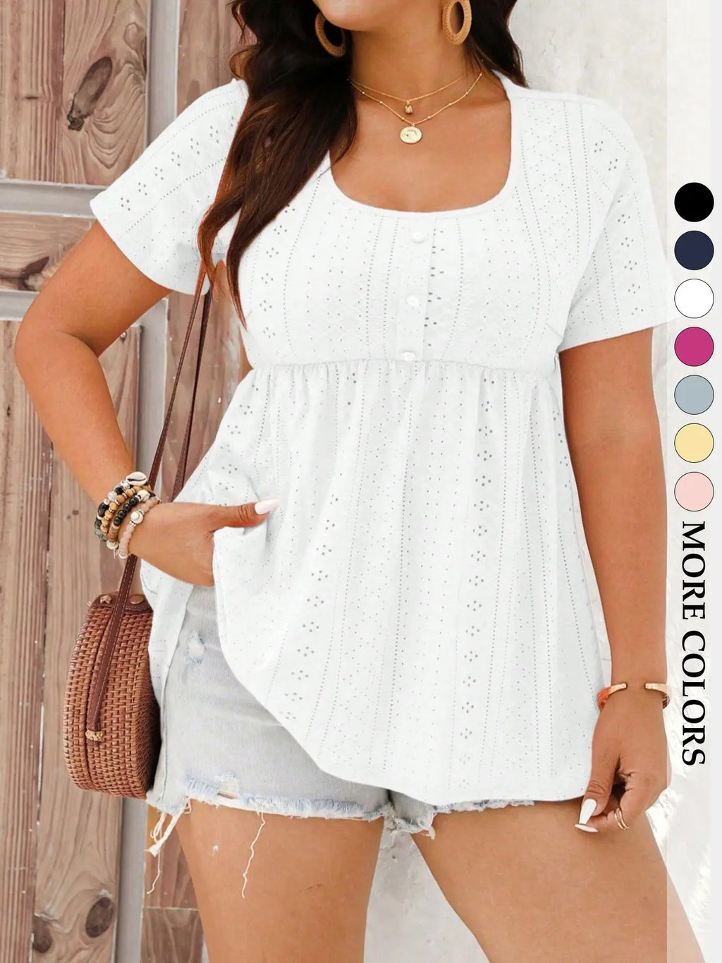 Women's Plus Size Babydoll Eyelet Peplum Top, Shirts, Boho Clothing, Short Sleeve Scoop Neck Pearl Button Casual Chic Bohemian Blouse, Flowy Tummy Control Fit Boho Summer Style