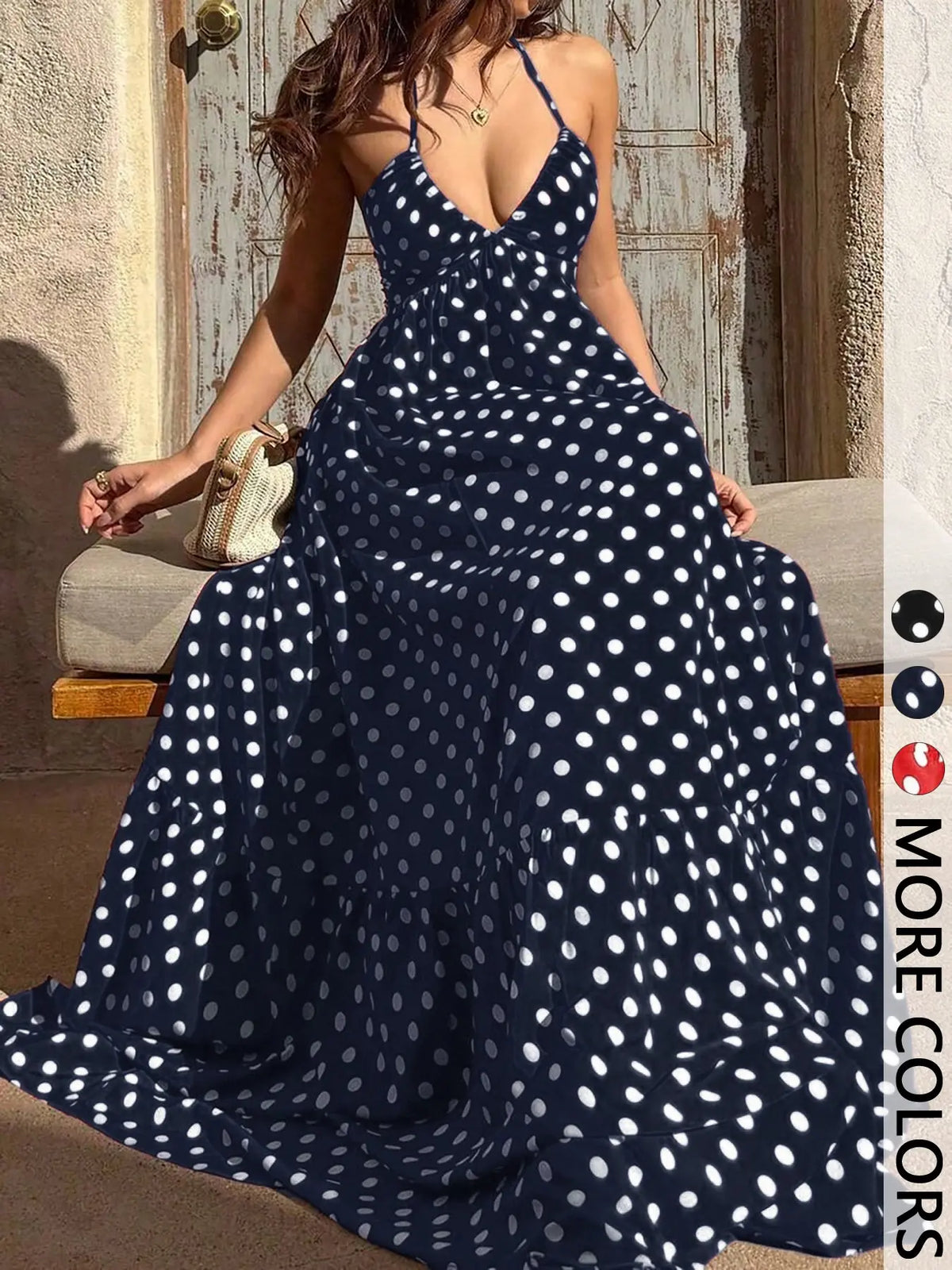 Polka Dot Halter Maxi Dress with Deep V-Neck, Open Back Tie Closure and Tiered Hem, Empire Waist Flowy Elegant Classy Flattering Long Dress for Summer, Vacation and Evening Wear