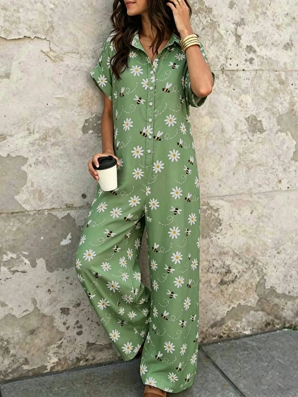 Women's Casual Minimalist Loose-Fitting Jumpsuit, Summer Short Sleeve Collared Print Jumpsuit, Wide Leg Long Pants with Button Closure