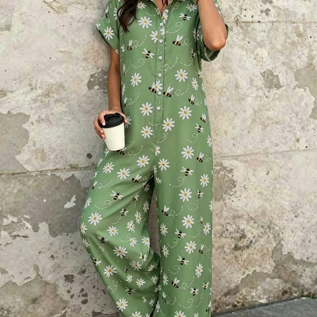 Women's Casual Minimalist Loose-Fitting Jumpsuit, Summer Short Sleeve Collared Print Jumpsuit, Wide Leg Long Pants with Button Closure